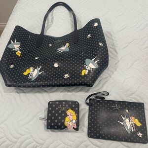Kate Spade Alice in Wonderland set with matching wallet and makeup bag